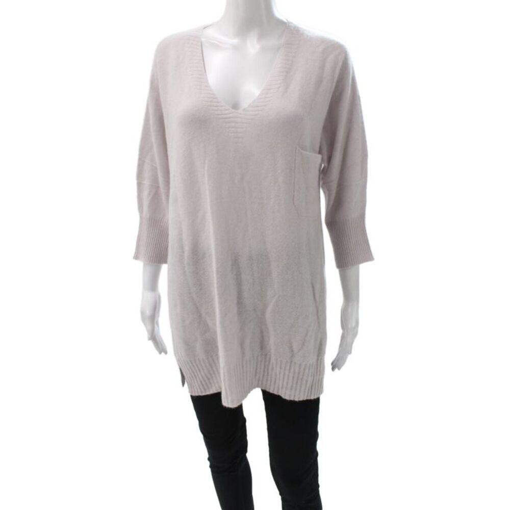 Cashmere Women V-Neck Pullover Sweater Pink 3/4 Sleeve Solid Size XS